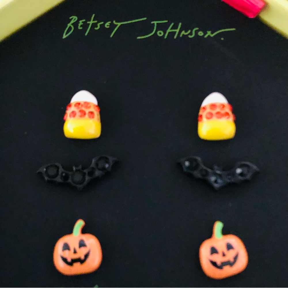 Auth. Betsey Johnson Earrings - 3 Pairs Halloween: Candy Corn, Bat, Pumpkin NIB